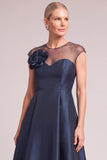Navy A-Line Illusion Neck High-Low Mother of the Bride Dress with 3D Flower