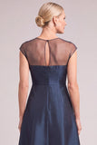 Navy A-Line Illusion Neck High-Low Mother of the Bride Dress with 3D Flower