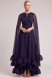 Grape A-Line Round Neck Ruched Long Mother of the Bride Dress with Ruffles