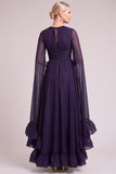 Grape A-Line Round Neck Ruched Long Mother of the Bride Dress with Ruffles