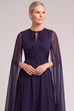 Grape A-Line Round Neck Ruched Long Mother of the Bride Dress with Ruffles