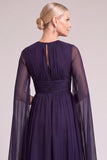 Grape A-Line Round Neck Ruched Long Mother of the Bride Dress with Ruffles