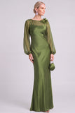 Army Green Mermaid Boat Neck Long Sleeves Mother of the Bride Dress with 3D Flower