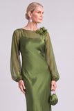 Army Green Mermaid Boat Neck Long Sleeves Mother of the Bride Dress with 3D Flower