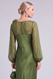 Army Green Mermaid Boat Neck Long Sleeves Mother of the Bride Dress with 3D Flower