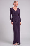 Grape Sparkly Beaded Sheath V-Neck Ruched Long Mother of the Bride Dress with Belt