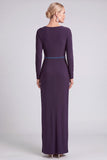 Grape Sparkly Beaded Sheath V-Neck Ruched Long Mother of the Bride Dress with Belt