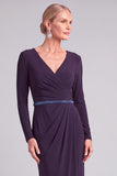 Grape Sparkly Beaded Sheath V-Neck Ruched Long Mother of the Bride Dress with Belt