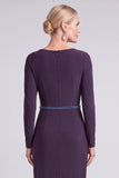 Grape Sparkly Beaded Sheath V-Neck Ruched Long Mother of the Bride Dress with Belt