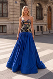 Sparkly Sequins Beaded Royal Blue A-Line Floral Strapless Long Prom Dress