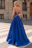 Sparkly Sequins Beaded Royal Blue A-Line Floral Strapless Long Prom Dress