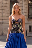 Sparkly Sequins Beaded Royal Blue A-Line Floral Strapless Long Prom Dress