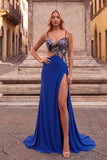 Sparkly Sequins Royal Blue Cut Out Beaded Floral Long Prom Dress with Slit
