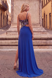 Sparkly Sequins Royal Blue Cut Out Beaded Floral Long Prom Dress with Slit
