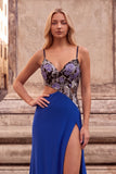 Sparkly Sequins Royal Blue Cut Out Beaded Floral Long Prom Dress with Slit