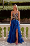 Sparkly Royal Blue Floral A-Line Strapless Beaded Long Prom Dress with Ruffles