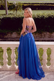 Sparkly Royal Blue Floral A-Line Strapless Beaded Long Prom Dress with Ruffles