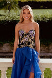 Sparkly Royal Blue Floral A-Line Strapless Beaded Long Prom Dress with Ruffles