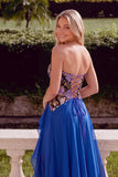 Sparkly Royal Blue Floral A-Line Strapless Beaded Long Prom Dress with Ruffles