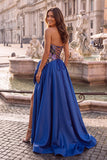 Sparkly Royal Blue Sequins Floral Ruffled Strapless Long Prom Dress with Slit