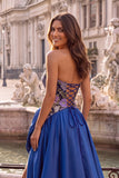 Sparkly Royal Blue Sequins Floral Ruffled Strapless Long Prom Dress with Slit