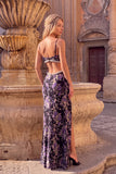 Sparkly Black Cut Out Spaghetti Straps Floral Long Prom Dress with Slit
