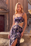 Sparkly Black Cut Out Spaghetti Straps Floral Long Prom Dress with Slit