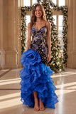 Sparkly Royal Blue Sequins Beaded Ruffled High-Low Prom Dress with 3D Flower