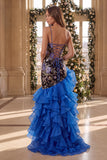 Sparkly Royal Blue Sequins Beaded Ruffled High-Low Prom Dress with 3D Flower