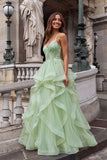 Sparkly Light Green Spaghetti Straps Ruffled Long Prom Dress with Beading