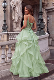 Sparkly Light Green Spaghetti Straps Ruffled Long Prom Dress with Beading