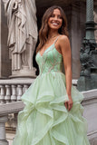 Sparkly Light Green Spaghetti Straps Ruffled Long Prom Dress with Beading