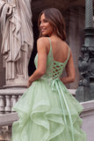 Sparkly Light Green Spaghetti Straps Ruffled Long Prom Dress with Beading