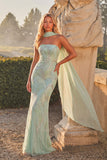Light Green Sparkly Mermaid Strapless Beaded Long Prom Dress with Neck Scarf