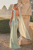 Light Green Sparkly Mermaid Strapless Beaded Long Prom Dress with Neck Scarf