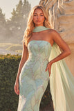 Light Green Sparkly Mermaid Strapless Beaded Long Prom Dress with Neck Scarf