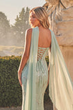 Light Green Sparkly Mermaid Strapless Beaded Long Prom Dress with Neck Scarf