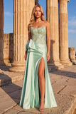 Light Green Sparkly Mermaid Strapless Beaded Long Prom Dress with Slit