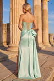 Light Green Sparkly Mermaid Strapless Beaded Long Prom Dress with Slit