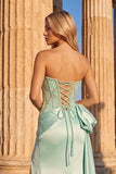 Light Green Sparkly Mermaid Strapless Beaded Long Prom Dress with Slit