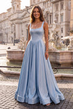 Light Blue A-Line Corset Square Neck Long Prom Dress with Pearls