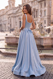 Light Blue A-Line Corset Square Neck Long Prom Dress with Pearls
