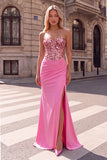 Sparkly Hot Pink Corset Mermaid Sequins Sweetheart Ruched Long Prom Dress with Slit