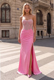 Sparkly Hot Pink Corset Mermaid Beaded Strapless Ruched Long Prom Dress with Slit