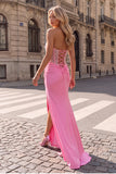 Sparkly Hot Pink Corset Mermaid Beaded Strapless Ruched Long Prom Dress with Slit