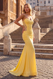 Lemon Yellow Mermaid Strapless Ruched Lace Long Prom Dress