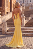 Lemon Yellow Mermaid Strapless Ruched Lace Long Prom Dress