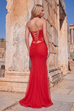 Red Corset Mermaid Strapless Ruched Long Prom Dress with Slit