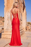 Red Mermaid Spaghetti Straps Ruffled Long Prom Dress with Slit