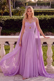 Sparkly Lilac A-Line Spaghetti Straps Ruched Long Prom Dress with Cape